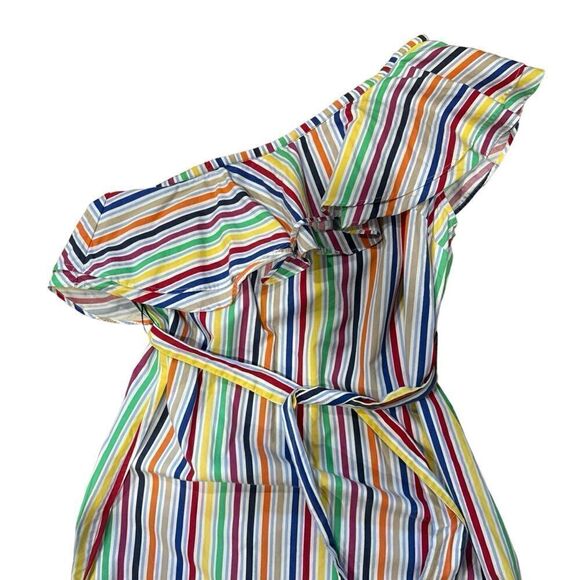 ASOS Rainbow One Shoulder Ruffle Midi Dress with Split in Bright Stripe - Picture 6 of 9